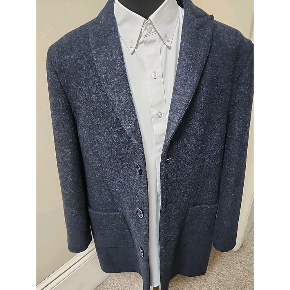 Enzo Tovare Button Coat Wool Blend Lined Overcoat‎ Size 44 Blue Black Heathered